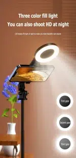 Dual LED selfie stick with 3 colour fill light for night videos