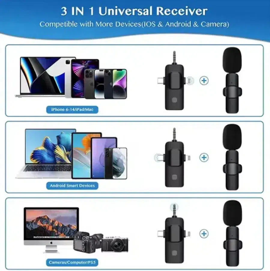K15 wireless microphone 3 in 1 receiver for iPhone, Android and camera