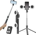 Selfie stick tripod with ring light and Bluetooth remote
